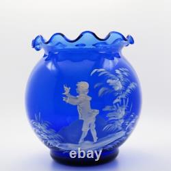 Paire de vases en verre bleu Mary Gregory soufflés à la main, véritables, de la fin du 19ème siècle.