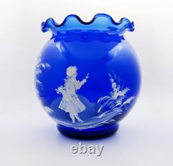 Paire de vases en verre bleu Mary Gregory soufflés à la main, véritables, de la fin du 19ème siècle.