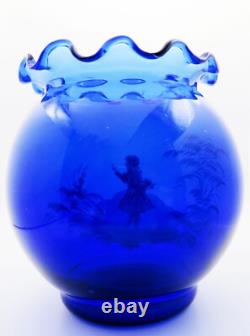 Paire de vases en verre bleu Mary Gregory soufflés à la main, véritables, de la fin du 19ème siècle.