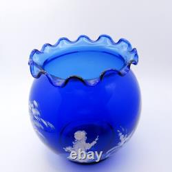 Paire de vases en verre bleu Mary Gregory soufflés à la main, véritables, de la fin du 19ème siècle.