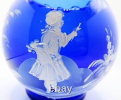 Paire de vases en verre bleu Mary Gregory soufflés à la main, véritables, de la fin du 19ème siècle.