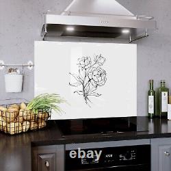 Panneau de cuisinière en carreaux de verre minimaliste en noir et blanc avec fleurs de toute taille