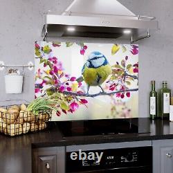 Panneau de protection en verre pour cuisine avec carrelage, taille AU CHOIX, oiseaux tomteurs, animal, fleurissement