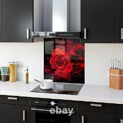 Panneau mural en verre de dosseret de cuisine, tuile de toute taille, fleur de rose rouge floue dans la fumée