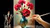 Peindre Des œillets Rouges éblouissants Dans Un Vase En Verre Bleu - Art Floral Acrylique Relaxant 127