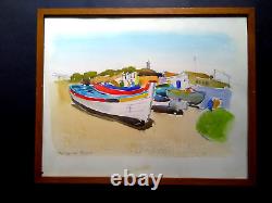 Peinture aquarelle vintage, plage portugaise, bateaux de pêche, bord de mer, personnes