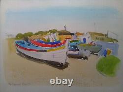 Peinture aquarelle vintage, plage portugaise, bateaux de pêche, bord de mer, personnes