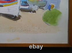 Peinture aquarelle vintage, plage portugaise, bateaux de pêche, bord de mer, personnes