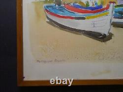 Peinture aquarelle vintage, plage portugaise, bateaux de pêche, bord de mer, personnes