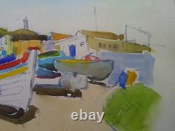 Peinture aquarelle vintage, plage portugaise, bateaux de pêche, bord de mer, personnes