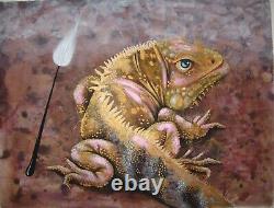 Peintures d'art originales d'artiste contemporain sur toile d'animaux iguane reptile nature.