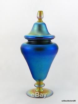 Quezal Art Blue Glass Luster Grand Lidded Urne Vase Ou 1920 Ca