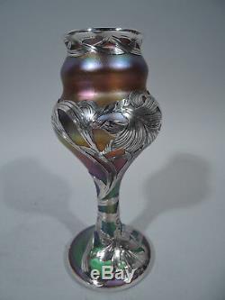 Quezal Vase Antique Art Nouveau Art Américain En Verre Et En Argent Overlay