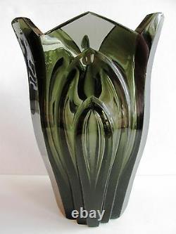 R. Hlousek Massive Bohemian Art Déco 1930's Hand-cut Smoky Glass Vase 5.8 Lb