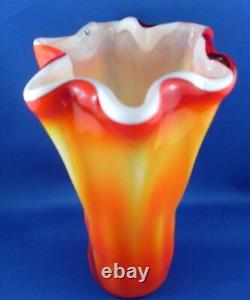 RARE Vintage 21cm SUNBURST Vase en verre soufflé ART GLASS Orange Ripple COLLECTABLE