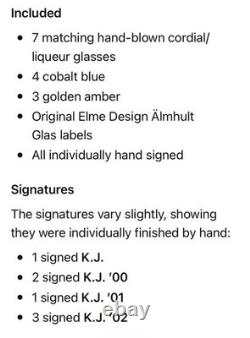 RARES 7 verres à cordial vintage soufflés à la main Kjell Jordhan Elme Almhult Suède RARES 7 verres à cordial vintage soufflés à la main Kjell Jordhan Elme Almhult Suède