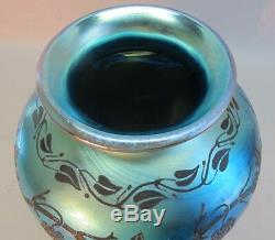 Rare 10.5 Steuben Blue Aurene Vase En Verre D'art De Blackberry Gravé, Env. 1915