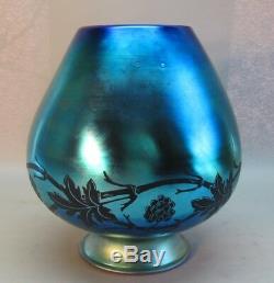 Rare 10.5 Steuben Blue Aurene Vase En Verre D'art De Blackberry Gravé, Env. 1915
