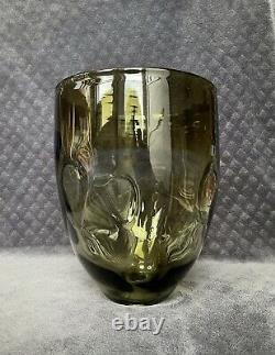 Rare 19th Century Antique Italien Gratuit Blown Art Verre Vert Fossettes Optic Vase