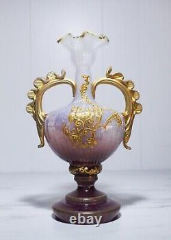 Rare Antique 19ème C Verre D'art Moser Bohême Tchèque Or Gilt Double Poignée Vase