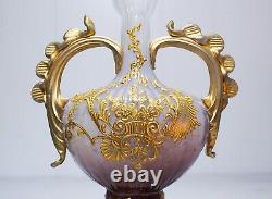 Rare Antique 19ème C Verre D'art Moser Bohême Tchèque Or Gilt Double Poignée Vase