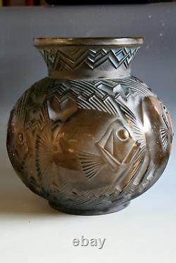 Rare Art Déco Pierre D'avessen Poissons Vase En Verre