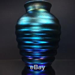 Rare C. 1930 Vase Beehive Dur Art Verre Lustre Iridescent Bleu Aurène Signé