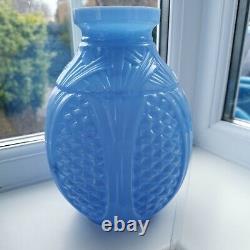 Rare Grand Spip Art Déco Bleu Opaline Motif Géométrique Vase En Verre D'art