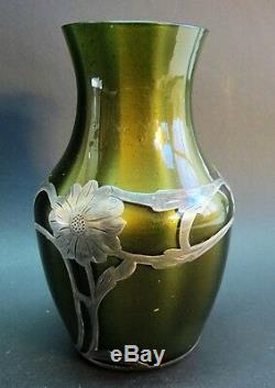 Rare Loetz Grun Metallin Argent Overlay Vase C. Verre 1900 Art Nouveau