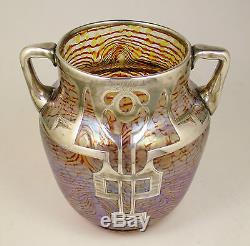 Rare Sterling Overlay Heckert Art Vase En Verre Otto Thamm Design C. 1902 Loetz Era