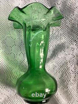 Rare Vase De Verre À Volant Vert Antique 1900s 13.5cm X 9cm Uk