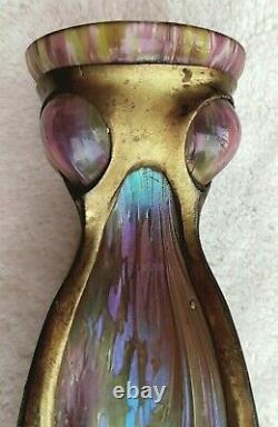 Rare Vase En Verre D'art Irisé Loetz Avec Bronze Original