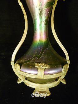 Rare Vase Loetz Art Nouveau Irisé Au Bronze Original Formé Stand C 1905