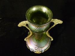 Rare Vase Loetz Art Nouveau Irisé Au Bronze Original Formé Stand C 1905