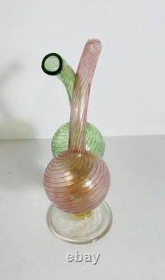 Rare verrerie d’art cranberry / verte façon de Venise, double vinaigrier <br/>   