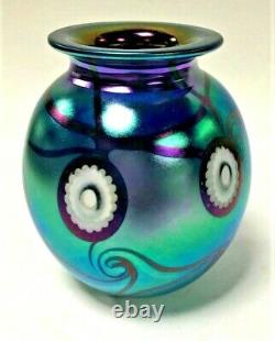 Robert Eickholt Vase En Verre D'art Vert Irisé/violet Signé- En Date De 2002
