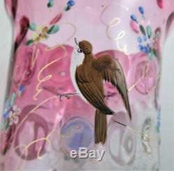 Rubina Verre D'art Céleri Vase 3 Émail Oiseaux James W. Tufts Quadruple Argent