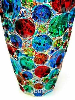 SIGNE! Grand vase en verre d'art italien Pezzato de 35 cm avec cercles et certificat