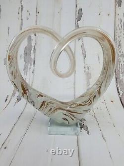 Sculpture abstraite en verre d'art soufflé à la main en forme de cœur, style GCA Murano, paillettes rose doré