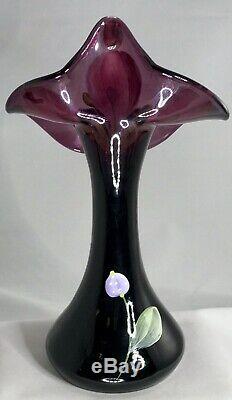 Signé Fenton Jack Dans L'orchidée Verre Peint Art Vase Main Améthyste Pulpit