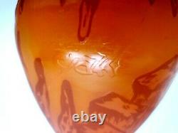 Signé Galle Orange Brun Cameo Vase En Verre Gravé Bats Art Fait À La Main Vintage
