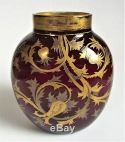 Signé Harrach 6 Oxblood Rouge Or Argent Antique Émail Bohemian Art Glass Vase