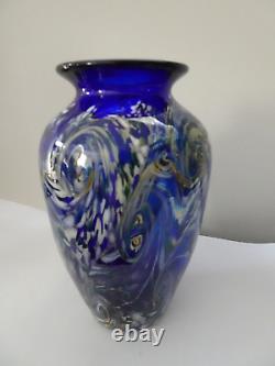 Signé Paul R Bendzunas Starry Night Studio Art Vase En Verre Cobalt Bleu