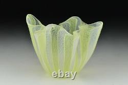Signé Venini Murano Art Glass Latticino Yellow White Handkerchief Vase