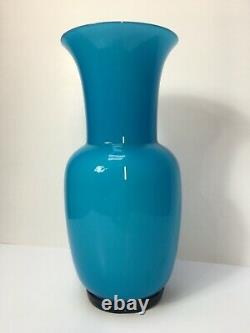 Signé Venini Murano Italian Art Glass Teal Green Floral Vase