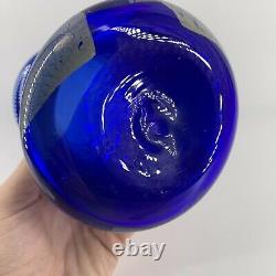 Studio Art Glass Cobalt Blue Swirled Silver Threaded Vase Signé Bt 7