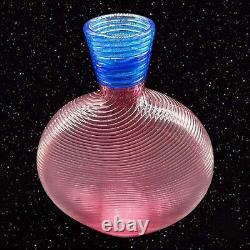 Studio Paran Post Swirl Art Vase En Verre Bleu Top Magenta Rose Signé 8t 1.75w