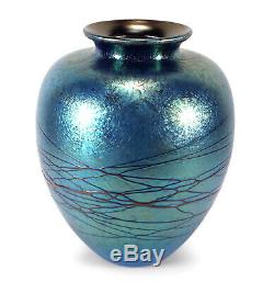 Superbe Vintage 1995 Don Carlson Art Studio Vase En Verre Bleu Irisé Fileté