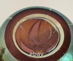 Superbe vase en verre d'art Orient & Flume signé, irisé 1985