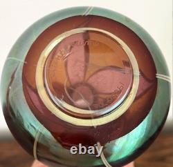 Superbe vase en verre d'art Orient & Flume signé, irisé 1985